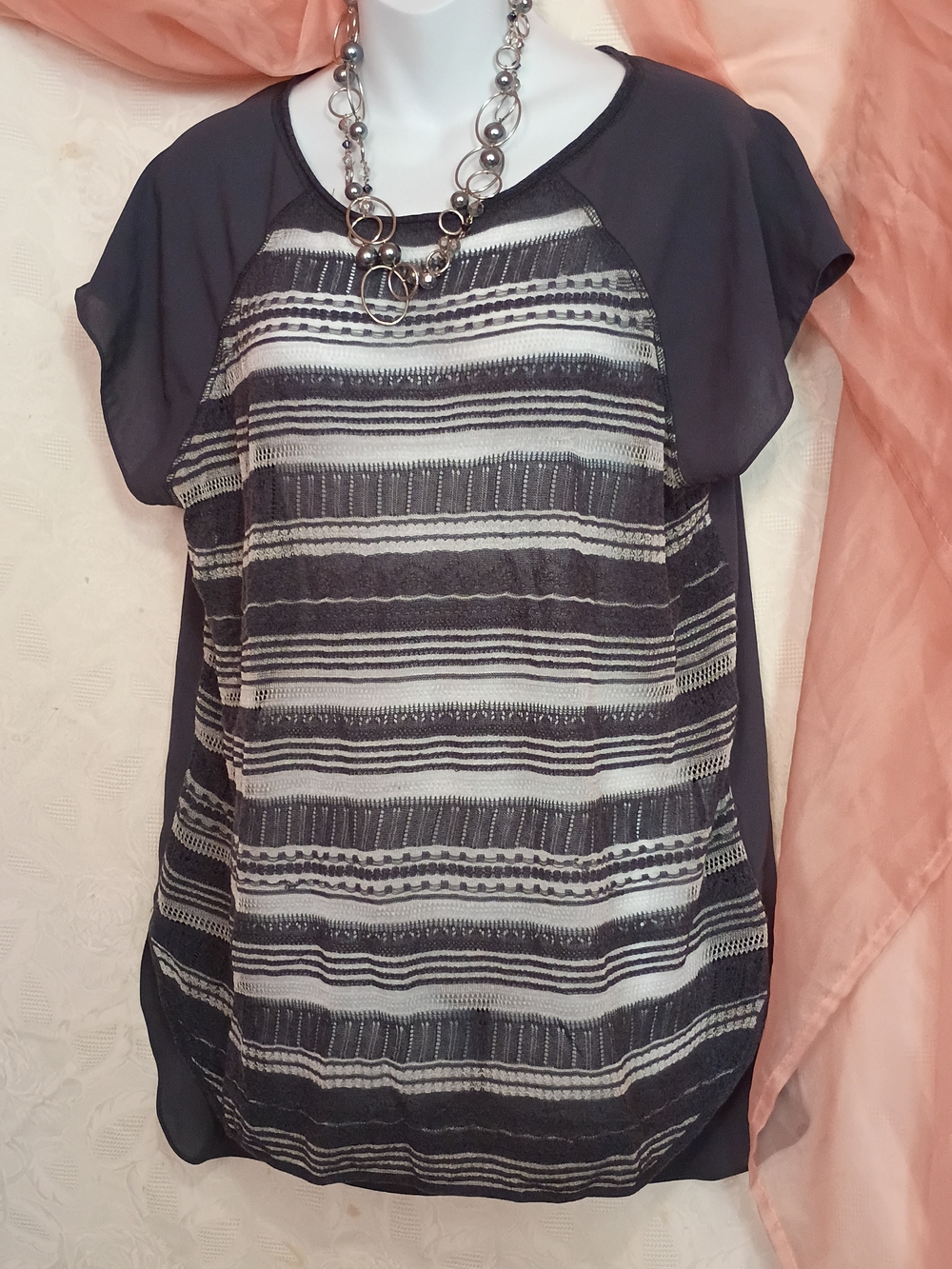 Simply Vera Vera Wang Blue & White Striped Short Sleeve Blouse Sz M